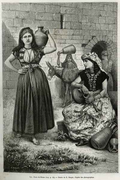 Ženy nesoucí džbány poblíž studny Hiram v Tyru. Rytina E.Ronjata pro ilustraci příběhu La Syria d