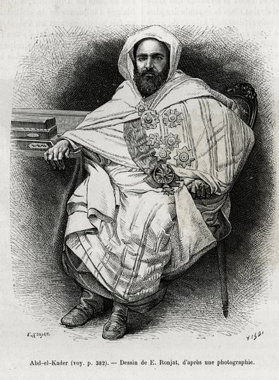 portrét Abda El Kadera (1808-1883) alžírského emíra a sultána, súfijského teologa, politika a vojenského odporu vůči francouzské koloniální armádě, také spisovatele, básníka a filozofa. Rytina E.Ronjata pro ilustraci příběhu La Syria d