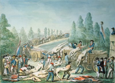 Přeprava mrtvol během revoluce, kolem roku 1790 (pero a inkoust a kvaš na papíře) od Etienne Bericourt