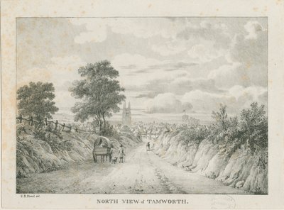 Tamworth - Vzdálený pohled od severu: litografie, nd [1796-1865] od Etienne Bruno Hamel