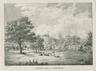 Tamworth - Vzdálený pohled z jihu: litografováno, nd [1796-1865] od Etienne Bruno Hamel