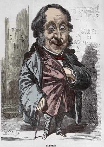 Portrét Gioachina (Gioacchina) Rossiniho (1792-1868), Karikatura Etienne Carjat - Etienne Carjat (1928-1906), portrét-náboj od Rossiniho pro Diogena, po Nadarovi, 21. prosince 1856 digitální kolorizace od Etienne Carjat