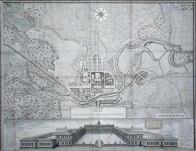 Mapa města Rastadt, jeho okolí a zámku (rytina) od Etienne Claude Voysard