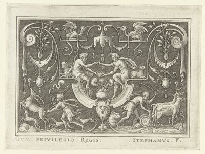 Ezau verkoopt zijn eerstgeboorterecht aan Jacob Vlakdecoraties met scènes uit het Oude Testament in een omlijsting van grotesken (series title)   1355707   cs       czech Successfully Translated  Original: Drunkard (Soularde) Translat: Drunkard (Soularde)  od Etienne Delaune