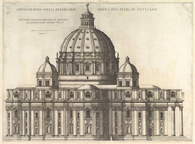 Římské zrcadlo velkoleposti: Nadmořská výška ukazující exteriér Saint Peters Basili..., 1558-61. od Etienne Duperac