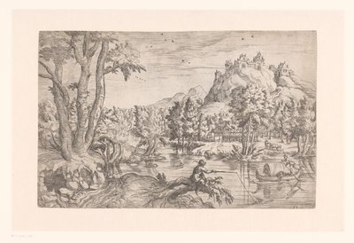 Krajina s rybářem a hradem na vrcholu hory od Etienne Dupérac (attributed to)