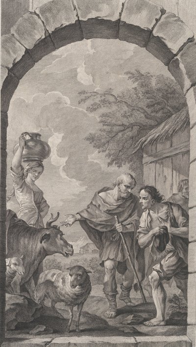 Kaple Nalezenců v Paříži: Skupina pastýřů před chalupou, 1757. od Etienne Fessard
