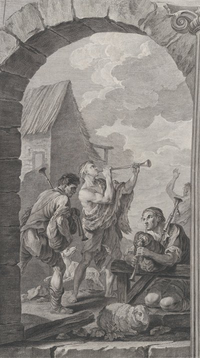 Kaple Nalezenců v Paříži: Skupina pastýřů: hráči na trubky a m..., 1754. od Etienne Fessard