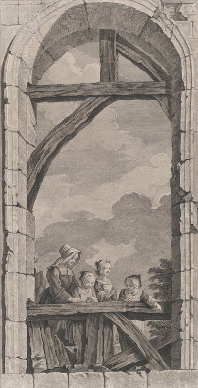 Kaple Nalezenců v Paříži: Jeptiška a malé dívky sledující Crec..., 1756. od Etienne Fessard