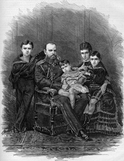 Portrét ruské císařské rodiny v roce 1881: Car Alexandr III. (1845-1894) a Marie Fjodorovna (nebo Fiodorovna nebo Fedorovna) (Mary Sophie Dagmar od Etienne Gabriel Bocourt