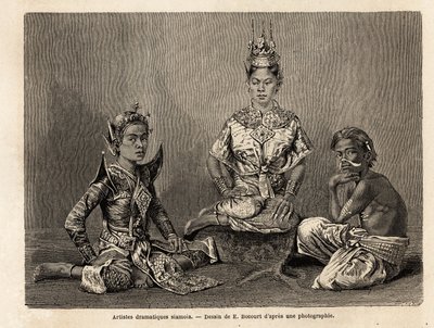 Siamští dramatici, kresba E. Bocoura, k ilustraci cesty Henriho Mouhota do království Siam, Kambodža a Laos v letech 1858 až 1861. Rytina v „“Le tour du monde“, editoval Edouard Charton od Etienne Gabriel Bocourt
