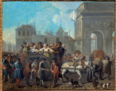 Chování dívek radosti v Salpetriere, průchod branami Saint Bernard Současná nemocnice Salpetriere byla původně vězením a hospicem pro ženy. Obraz Etienna Jeaurata (1699-1789) 1757 Rozm. 0,65 x 0,82 m Paříž, Musee Car od Étienne Jeaurat