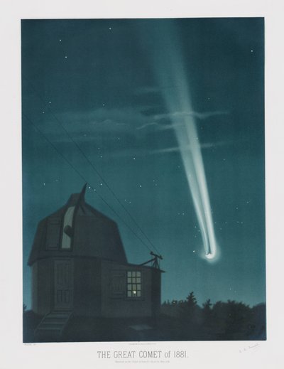 Velká kometa z roku 1881, pozorovaná v noci z 25. na 26. června v 1:30 ráno z The Trouvelot Astronomical Drawings 1881, pub. 1881 (barevná litografie) od Étienne Léopold Trouvelot