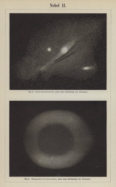 Pohledy na mlhovinu Andromeda a Prstencovou mlhovinu v souhvězdí Lyry (rytina) od Étienne Léopold Trouvelot