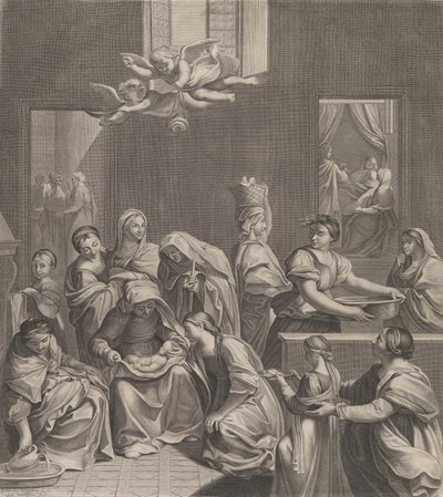 Narození Panny Marie, sedící žena s dítětem na klíně, mnoho žen v okolí..., 1677. od Etienne Picart