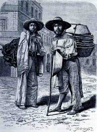 Dřevěné uhlí a Batteas Vendors, od The Ancient Cities of the New World, Claude-Joseph-Desire Charnay, rytý Henri-Theophile Hildebrand (1824-97), pub. 1887 od Etienne after Ronjat
