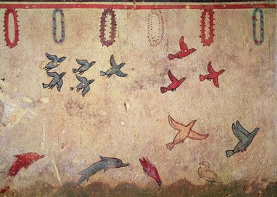 Vodní ptáci a skákající delfíni z Hrobky lovu a rybolovu, cca 520-10 př. n. l. (nástěnná malba) od Etruscan
