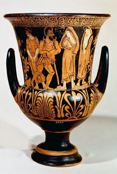 Calyx-krater (velká váza) od malíře Turmuca zobrazující scénu z podsvětí s Charonem a dívkami. Červenofigurová keramika z Vulci (Lazio). Etruská civilizace, 330-300 před naším letopočtem. od Etruscan