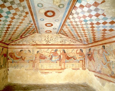 Etruská hrobka leopardů, freska zobrazující banketovou scénu, Tarquinia. 5. století před naším letopočtem, Itálie (freska) od Etruscan