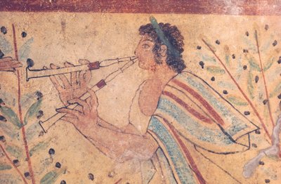 Etruskien taide: huilunsoittaja. Yksityiskohta freskosta Leopardien haudalla Monterozzin hautausmaassa, Italiassa, 5. vuosisadalla eKr. (fresko) od Etruscan