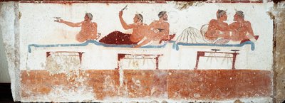 Etruské umění: banketová scéna. Freska hrobu „potápěče“. Z jižního hřbitova Paestum. 480-470 před naším letopočtem. Museo Archeologico Nazionale, Paestum od Etruscan