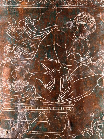 Etruské umění: detail bronzového Ficoroni Cistus představujícího legendu o Argonautech: loď Argos. Z Preneste (Palestrina). 340 před naším letopočtem. Museo Nazionale di Villa Giulia, Řím od Etruscan