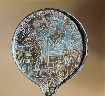 Etruské umění: zrcadlo v bronzu: Afrodita přesvědčila Helene, aby následovala Paris do Tróje. 5. století před naším letopočtem. Řím, Museo Nazionale di Villa Giulia od Etruscan