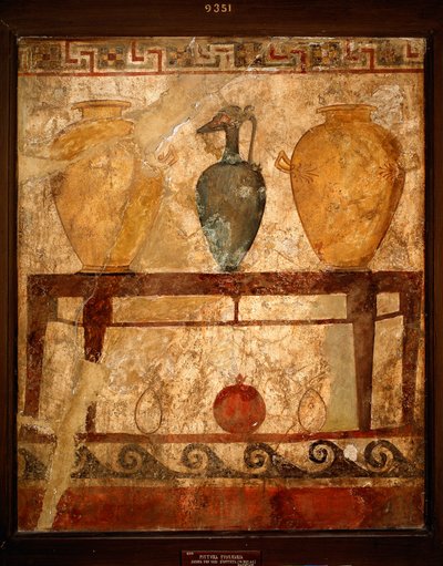 Etruské umění: stůl s vázami s obětinami. Freska ze hřbitova Paestum. 4. století před naším letopočtem. Museo Archeologico Nazionale, Neapol, Itálie od Etruscan