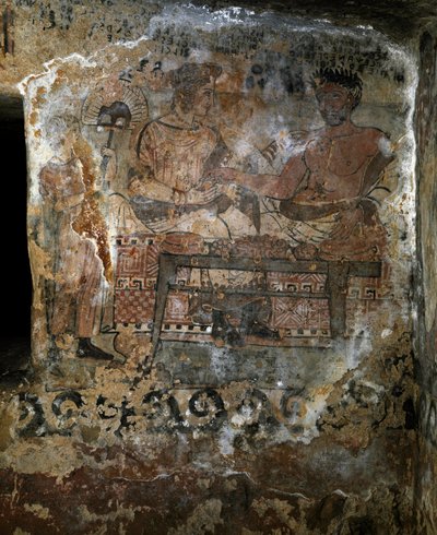 Etruská civilizace: Larth Velcha a jeho manželka Velia Seithi zastoupeni na banketu na fresce hrobky „Scudi“ (tomba degli scudi) 340 př.nl. Nekropole Monterozzi, Tarquinia, Itálie od Etruscan