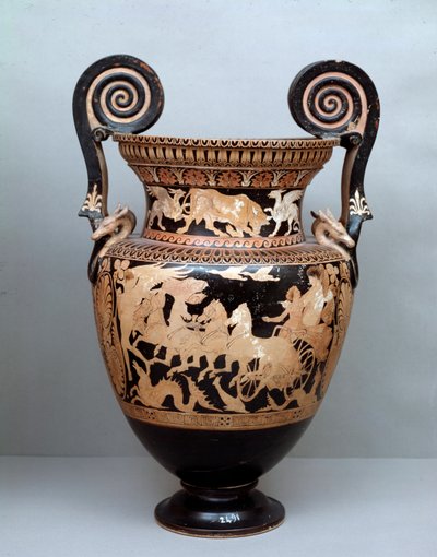 Etruská civilizace: terakotový kráter s volutami představujícími Auroru na jejím voze, 360-340 př. n. l., z Cerveteri, Itálie od Etruscan