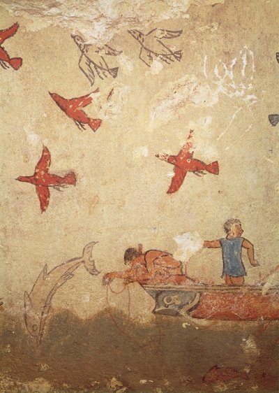 Rybářská loď, z Hrobky lovu a rybolovu, cca 520-10 př.nl (nástěnná malba) od Etruscan