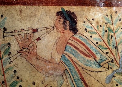 Flétnista. Detail fresky Hrobka leopardů, 5. století před naším letopočtem od Etruscan