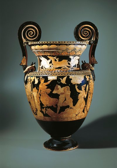 Itálie, Lazio, Civita Castellana, volutový krater s červenou postavou (váza používaná na míchání vína a vody) zobrazující Pelea unášejícího Thetis, maloval Aurora Painter, 360/340 př.n.l. od Etruscan