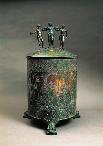 Itálie, Lazio, Preneste, Ficoroni Cista (měděná rakev používaná k držení šperků) s dekorací zobrazující mýtus Argonautů od Etruscan