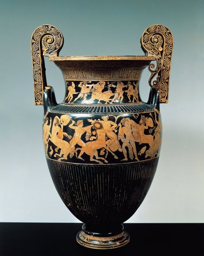 Keramika s červenými figurkami, attický krater s výjevy kalydonského lovu kance a boje mezi kentaury, z etruské nekropole ve Spině, region Emilia Romagna, Itálie od Etruscan