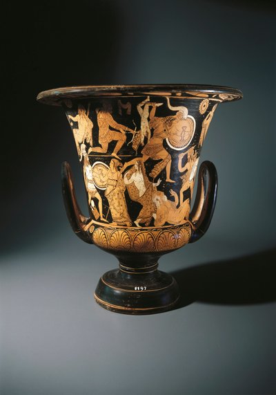 Keramika s červenými postavami, kalichový krater zobrazující Neoptolema, Astyanaxe, Helenu Trójskou a Priama na zemi, od Nazzano Painter, z Civita Castellana od Etruscan