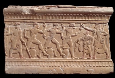 Reliéf se závodem atletů z mramorového milníku v Chiusi, Itálie, 6. století před naším letopočtem od Etruscan