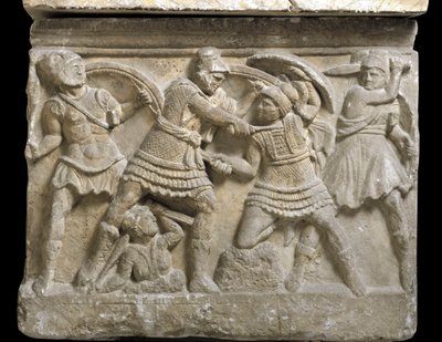 Etruscan art: “” Eteocle and Polynice””” the two brothers, son of Oedipus, Bas relief of a sarcophagus of Chiusi, 3rd century BC - Palermo, Museo Archeologico Nazionale - Duel between the brothers Eteocles and Polynices, sons of Oedipus - Bas-relief, detai od Etruscan Etruscan
