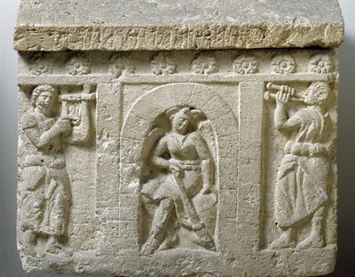 Etruské umění: „“ Lasa, džin smrti u vchodu do pekla“ Nízký reliéf urny Chiusi. 3. nebo 2. století před naším letopočtem. Palermo, Národní archeologické muzeum od Etruscan Etruscan