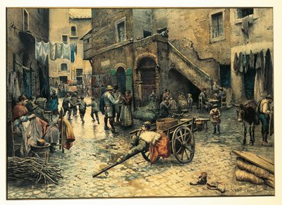 Itálie, Řím, Pouliční život na Via Capocciuto v (židovském) ghettu v Římě Ettore Roesler Franz, akvarel od Ettore Roesler Franz