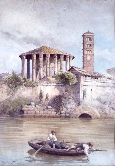 Herkulův chrám od řeky Tibery, Řím (akvarel) od Ettore Roesler Franz