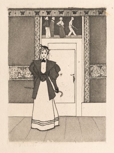Interiér s mladou ženou v vycházkovém kostýmu, 1895. od Eugen Kirchner