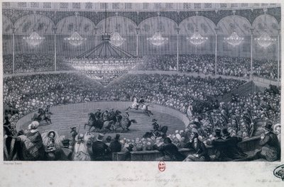 Výstava koní v cirkusu Franconi, Champs Elysees, Paříž, Eugene Louis Lami (1800-1890), vyryto Charlesem Mottramem (1807-1876), převzato z léta a zimy v Paříži od Eugene Louis Lami