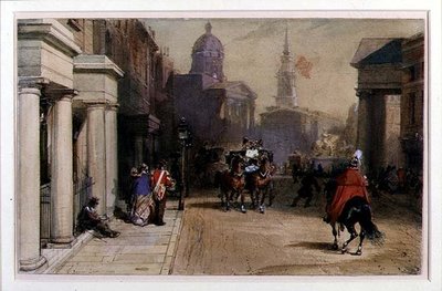 Trafalgar Square z Pall Mall, cca 1848-52 (akvarel a kvaš přes tužku na papíře) od Eugene Louis Lami