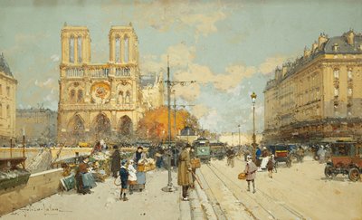 Postavy na slunné pařížské ulici, Notre Dame vlevo od Eugene Galien Laloue