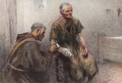Mnich Bentivoglia ošetřuje malomocného (barevná litografie) od Eugene (after) Burnand