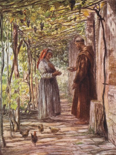 Mnich Masseo je jmenován vrátným (barevná litografie) od Eugene (after) Burnand