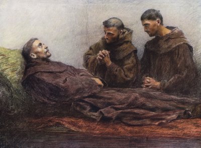 Svatý František nemocný v biskupském paláci v Assisi (barevná litografie) od Eugene (after) Burnand