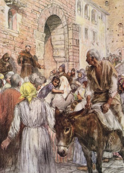 Kázání svatého Františka v Bologni (barevná litografie) od Eugene (after) Burnand