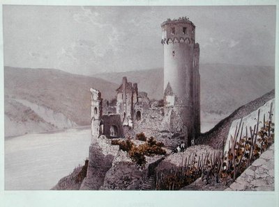 Schloss Ehrenfels v údolí Rýna, kolem roku 1863 (barevné lito) od Eugene (after) Ciceri
